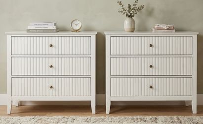 Beautiful White 3 Drawer Fluted Dresser Set/ NightStands