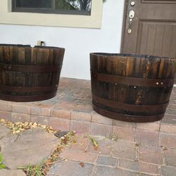 Set of 2 Wood Barrel Planters/pots