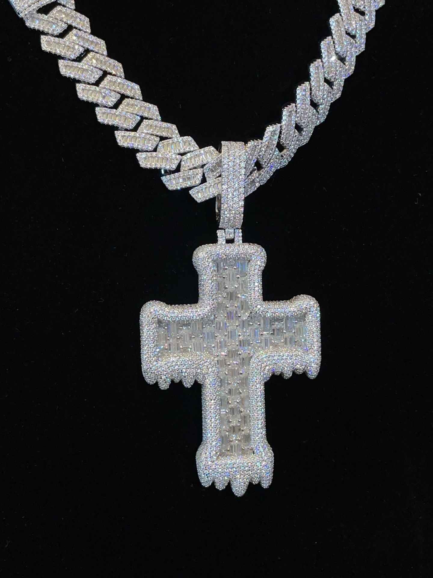 Pass Diamond Tester VVS Moissanite Cross Pendant Baguette Cuban Set