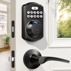 Fingerprint Door Lock with 2 Lever Handles - Keyless Entry Door Lock, Electronic Keypad Deadbolt, Digital Smart Code & Front Handle Sets, Auto-Locking