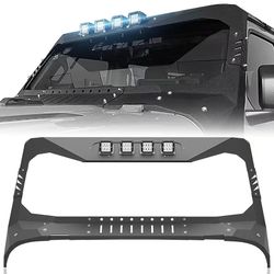 JT JL Front Windshield Frame Cover Roof Sun Visor Cowl Body Armor with 4 x LED Lights Insert Compatible with 2018-2025 Jeep Gladiator JT & Wrangler JL