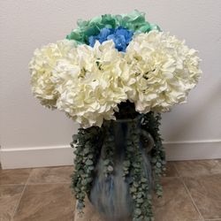 Beautiful 26 inch Tall Artificial Hydrangea and Greenery Arrangement with Heavy Large Ceramic Vase