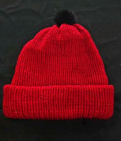 Red Knit Beanie with Black Pom-Pom