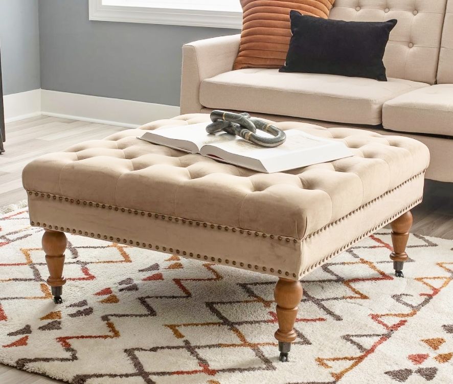 Tan Tufted Velvet Square Ottoman With Wheels