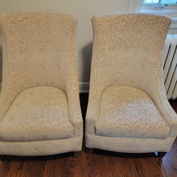 Pair of Custom Covered Low Slipper Seat High Wingback Accent Chairs, Shimmer Baroque Fabric / Paisley Design