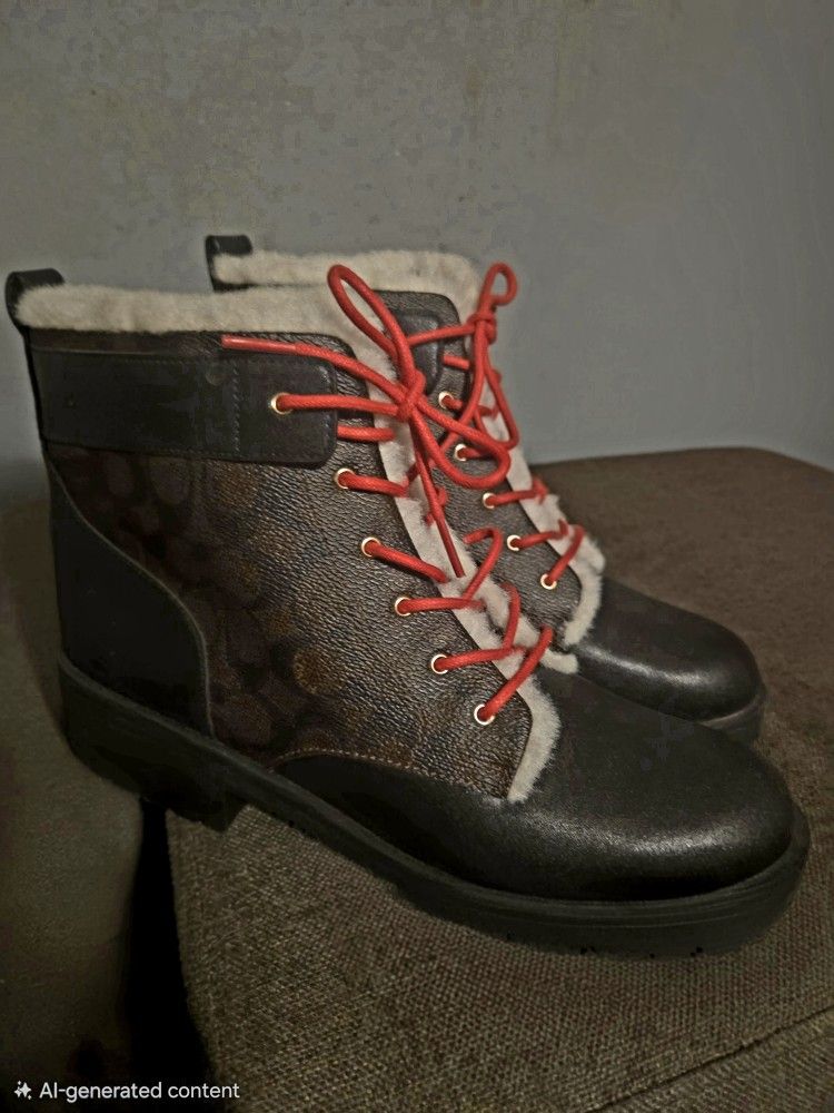 Coach Lorraine Booties Signature Canvas Shearling Lined Boots Red Laces