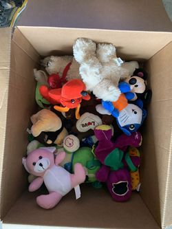 Box of small stuffed animals