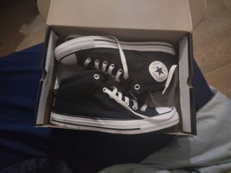 Women's Size 10 Converse Chuck Taylor All Star High Street Hi sneakers in black/white.