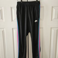 Nike Womens Track Pants Black M Pink Blue Side Stripe Zippered Leg Elastic Waist