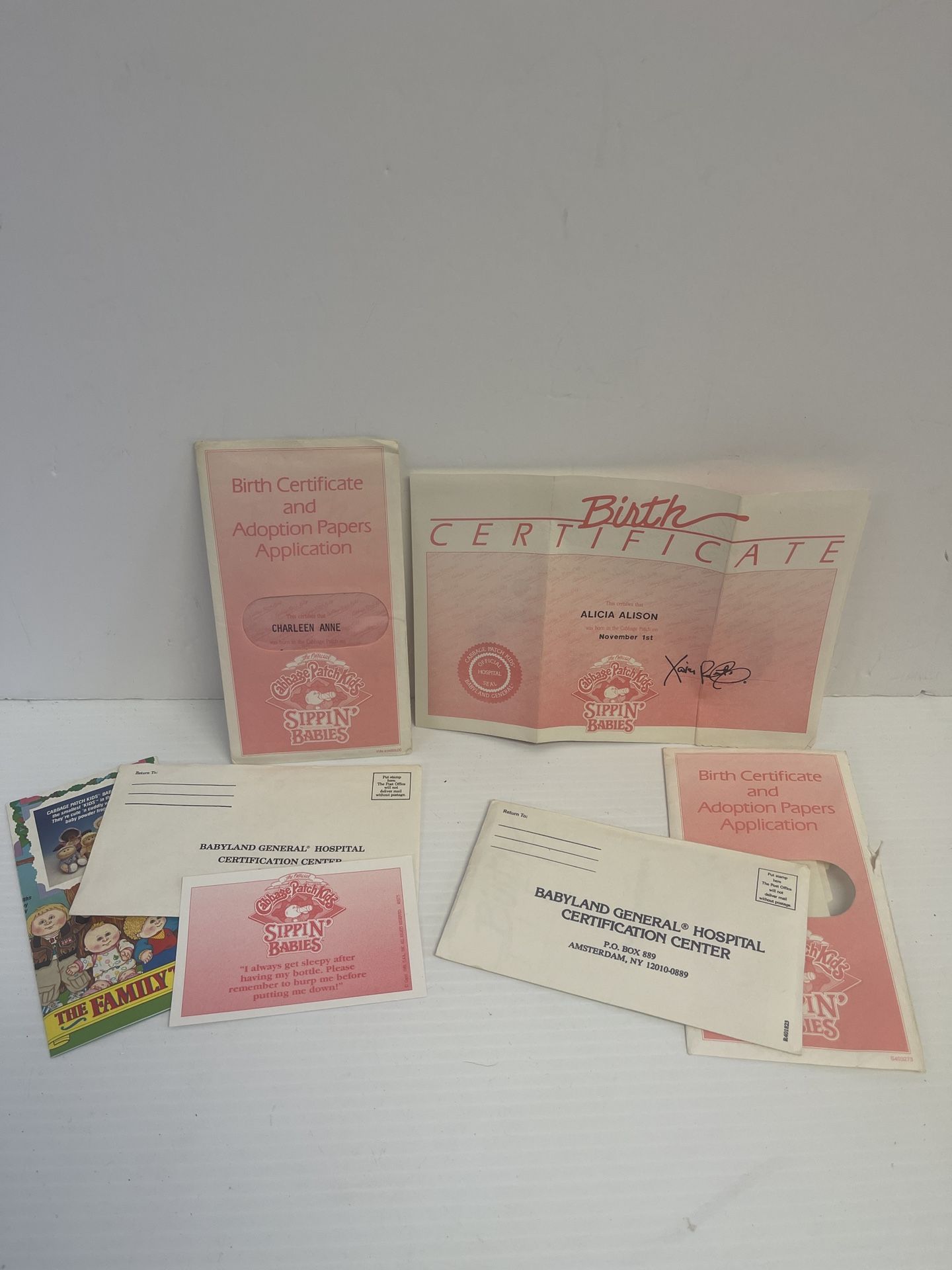 Vtg Cabbage Patch Kids Sippin' Babies Doll Birth Certificates (2) - U979