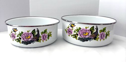 Vintage enamel mixing bowls featuring peacock and floral pattern
