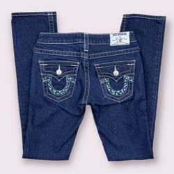 TRUE RELIGION Dark Blue Wash Turquoise Gemstone Embellished Low Rise Billy Jeans