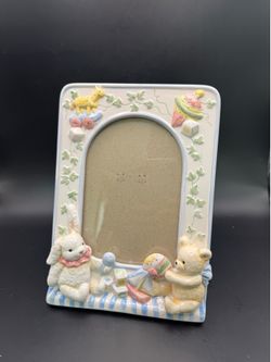 Vintage C.R. Gibson Nursery Ceramic 5x7 Picture Frame with Bunny, Bear - Pastel