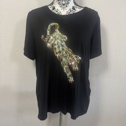 H&M Women's Black Sequin Tiger Short Sleeve T-Shirt Top Size XL