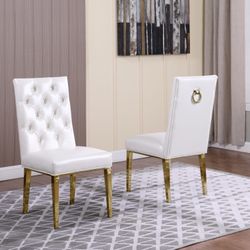 WHITE FAUX LEATHER 2 SIDE CHAIRS TUFTED GOLD PLATED STAINLESS STEEL