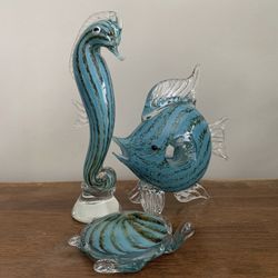 Murano Style Hand Blown Art Glass Seahorse, Fish & Turtle Ocean Animals Blue & Brown