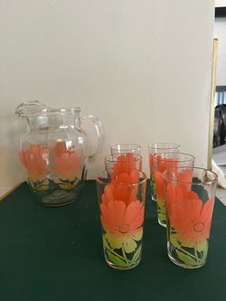 Vintage 1970s Floral Pitcher and Glassware Set