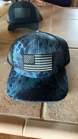 Blue Camo Trucker Hat with American Flag Patch