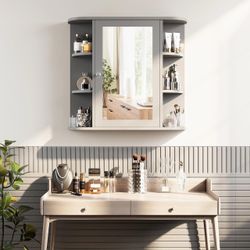 Bathroom Medicine Cabinet with Mirror, Wall Mounted, Gray  Mirrored Door Over the Toilet Storage, with 4 Internal and 6 Open Shelves, Storage Organize