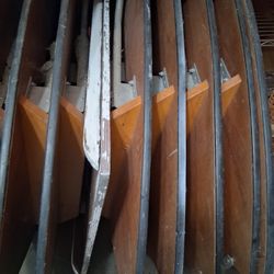 Pack of 5 Titan Series 7 ft Serpentine Wood Folding Tables Vinyl Edge - Commercial Grade Event Tables