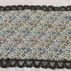 French vintage brocade tapestry embroidered doily, tablemat, tablecloth metallic lace edge.