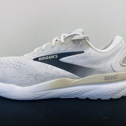 BROOKS GHOST 16 NEUTRAL WHITE RUNNING SHOES WITH BLACK ACCENTS SIZE: 12.5 MENS