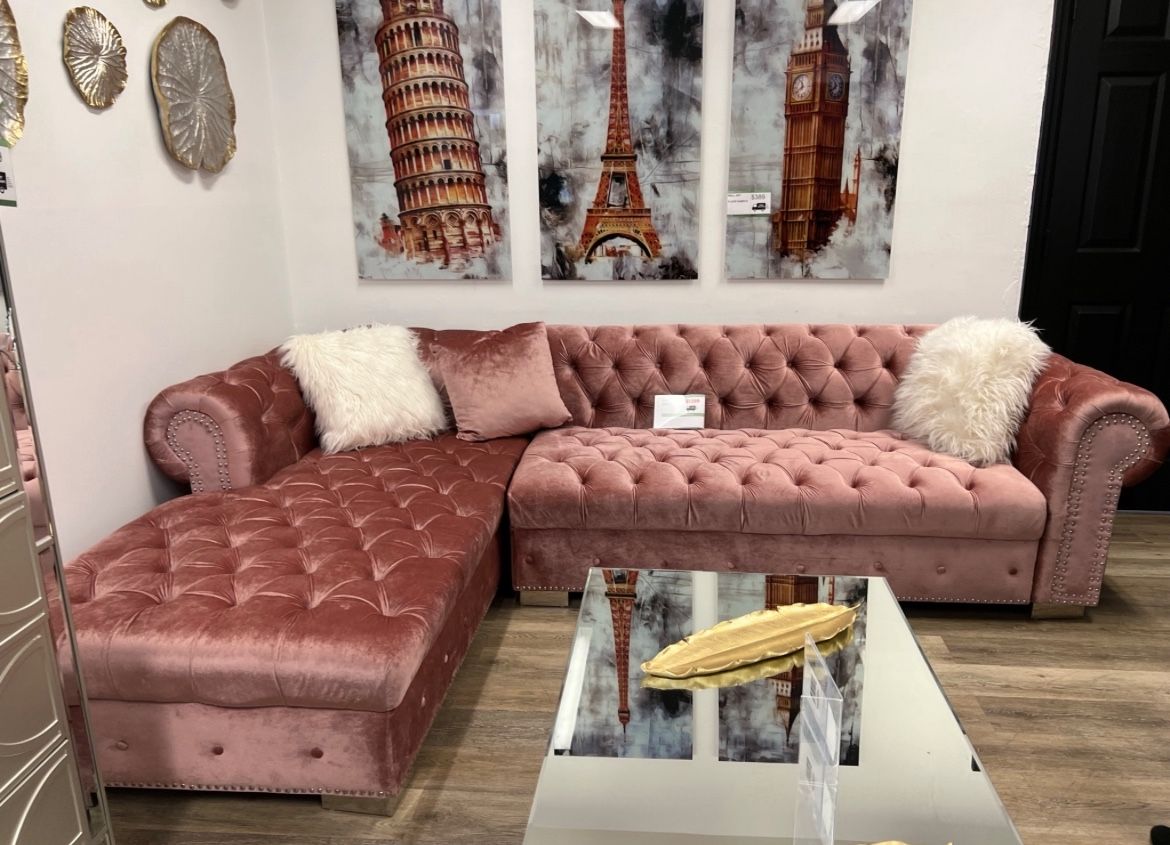 Sectional Couch Living Room Pink Velvet • L-Shaped