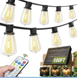 100FT Solar String Lights Outdoor Waterproof with Remote & Timer, LED Shatterproof ST38 Bulbs, USB & Solar Powered Patio Lights for Backyard, Porch
