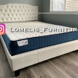 Queen White Crystal Button Bed With Ortho Mattress Included 