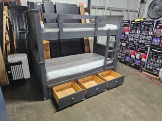 Twin Gray Wood Bunk Bed with Storage Drawers