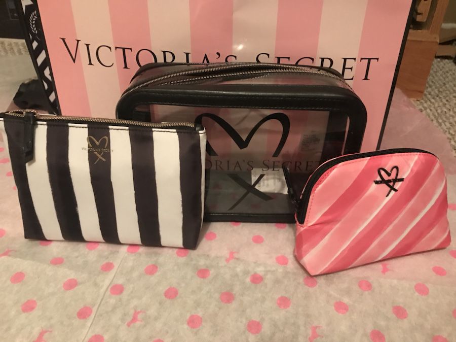Victorias Secret Pink Signature Stripe Trio Travel Cosmetic Makeup Bag VS 🌸
