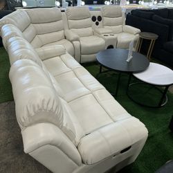 White Recliner Sectional with Bluetooth Speaker and LED Lights