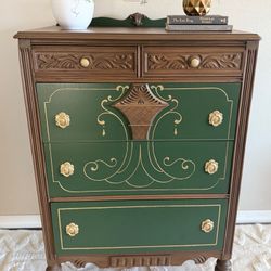 Olive Green 5 Drawer Antique Dresser