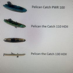 Pelican Kayaks , Paddles, Trolling Motor & Battery Center , Transport Cart and Fishing Crate Bags 