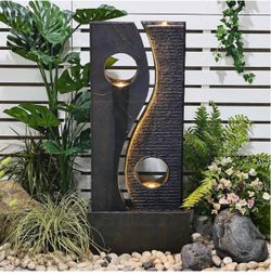 47 inches Water Fountain Outdoor Garden - Waterfall Indoor Modern Large Freestanding Water Feature Fountains Faux Rust Finish with LED Lights for Pati