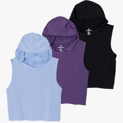 Real Essentials 3 Pack: Women's Dry-Fit Sleeveless Cropped Tank Top Hoodie - Athletic Crop Sweatshirt
