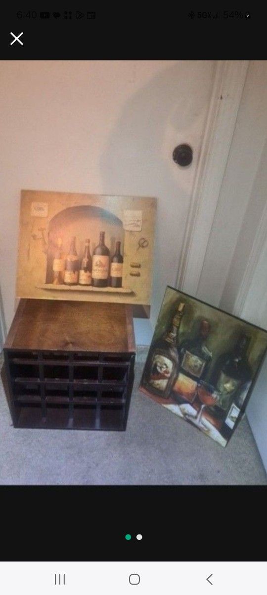 16 BOTTLE ALL WOOD WINE RACK AND TWO BOTTLES OF WINE PICTURES