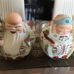 Vintage Asian hand-painted porcelain longevity couple