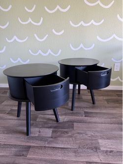 2 Round, Black  Nightstands/Side Tables with Drawers