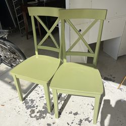 2 Green Wooden Chairs Pair