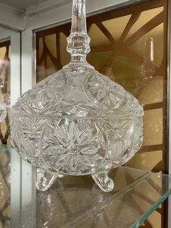 Large Vintage Cut Crystal Covered Candy Dish with Lid – Footed Floral Design