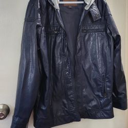 CAVALINI MEN'S FAUX LEATHER HOODED JACKET LONG SLEEVES ZIPPER POCKETS LINED