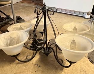 5-Light Wrought Iron Chandelier with Frosted Glass Shades