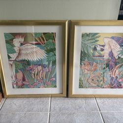 Original Framed Paintings Tropical Floral Birds Mixed Media Art