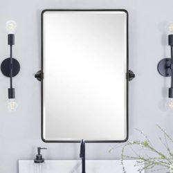 Farmhouse Pivot Rectangle Bathroom Mirror Oil Rubbed Bronze Metal Framed Tilting Beveled Vanity Mirrors for Wall, Overall 23.91 x 30 inches (Mirrror 2