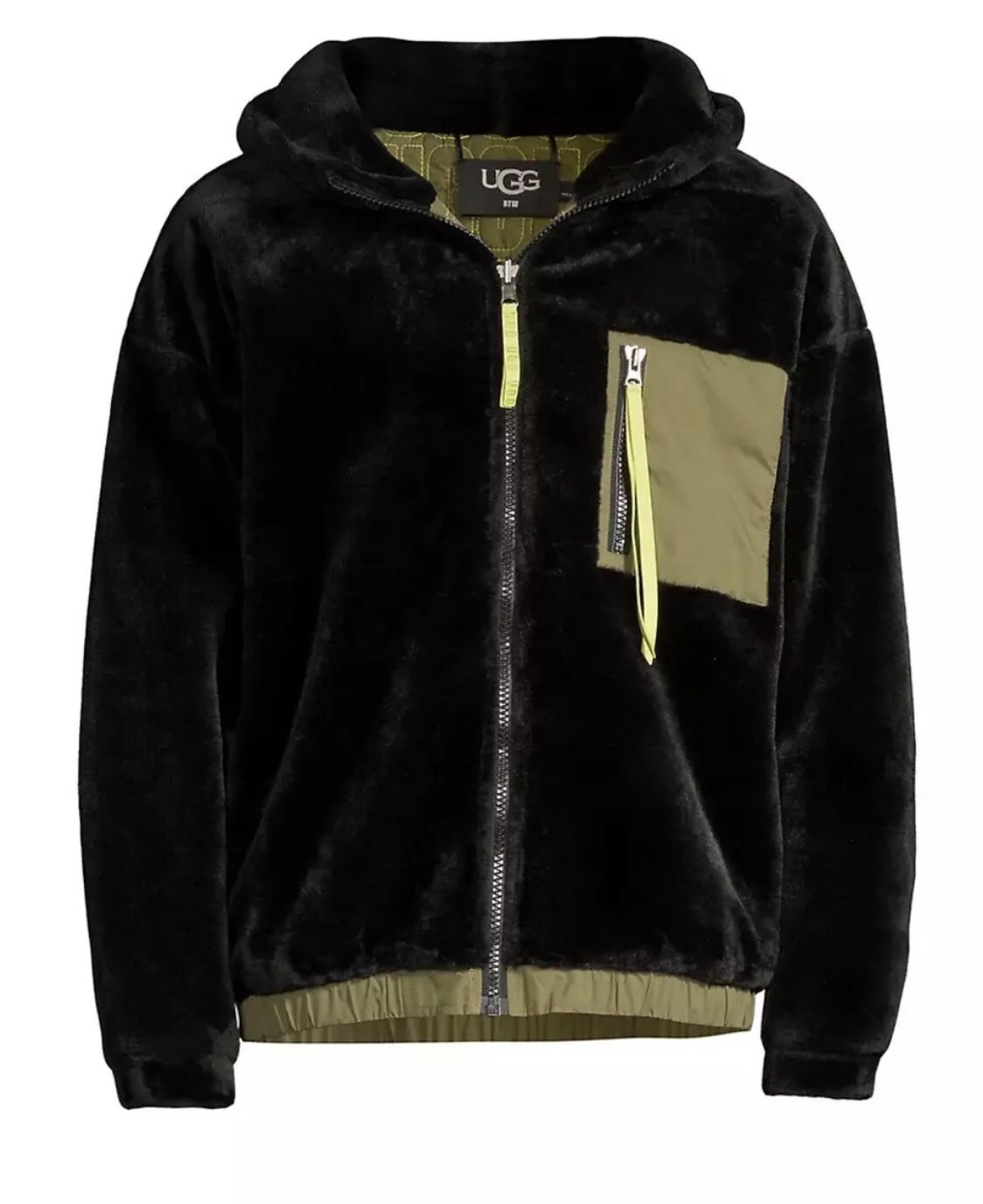 UGG Men L Black Kairo Reversible Faux Fur Shearling Jacket Coat Black Green New