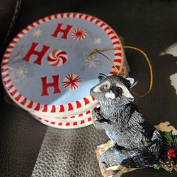 Set Of 4 Peppermint Coasters And Racoon Ornament
