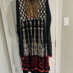 Black & Red Sheer Embroidered Anarkali Dress – Gold Zari Work, No Lining, Medium