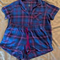 Sonoma Goods For Life Woman's XL Flannel PJ Set Blue & Pink Plaid Short Sleeve