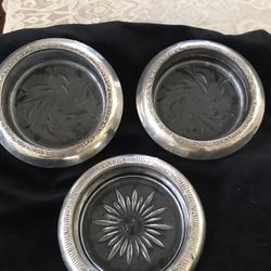 Three Vintage Silver Plate And Glass Ashtrays/Coasters